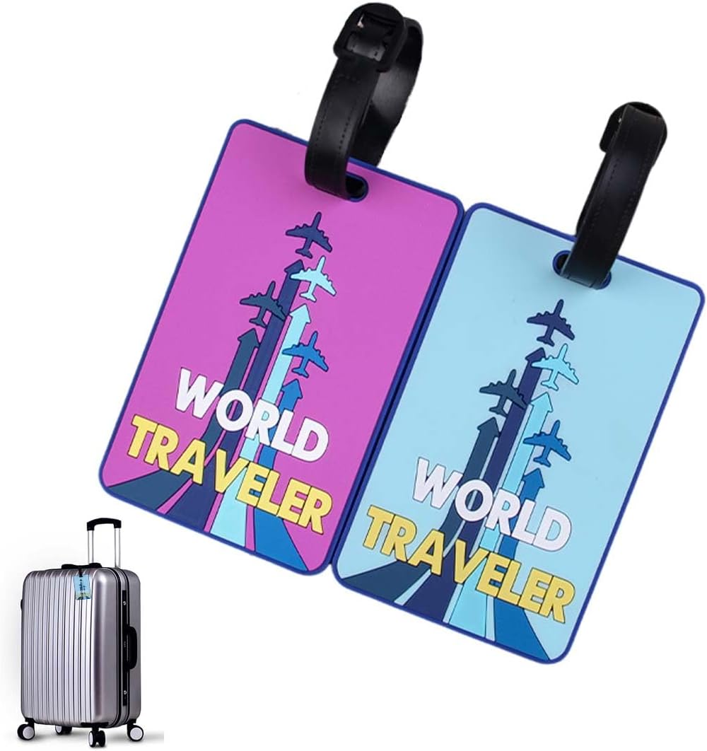 BQRKOTM 2 Pack Suitcase Tags Travel Airplane Suitcase Luggage Tags PVC Suitcase Tags with Adjustable Strap, ID Tags, Travel Accessories for Suitcase