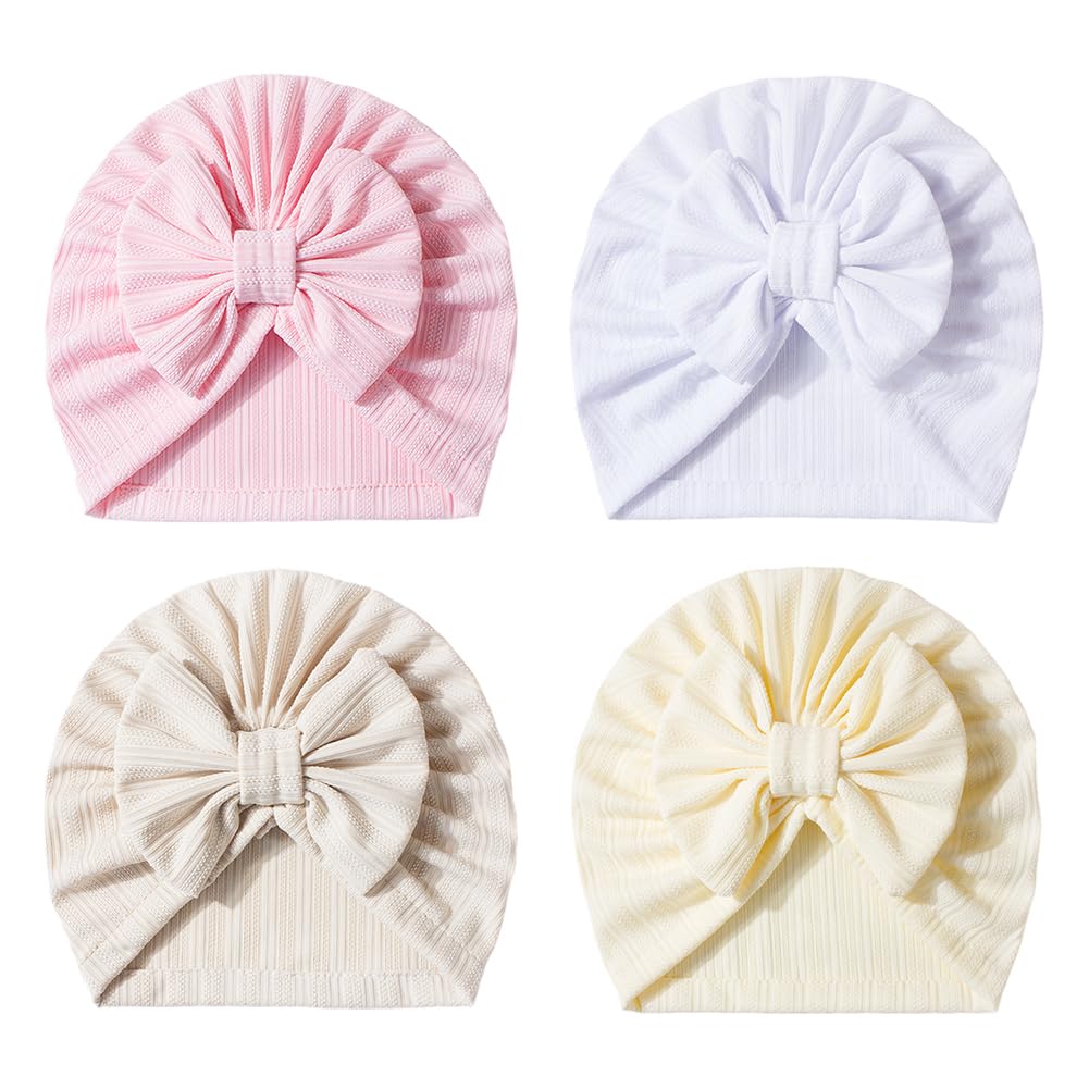 4PCS Newborn Baby Bow Knot Turban Hat Infant Toddler Hospital Hat Cotton Head Wrap Beanie Cap for Baby 0-24 Months, Style 1