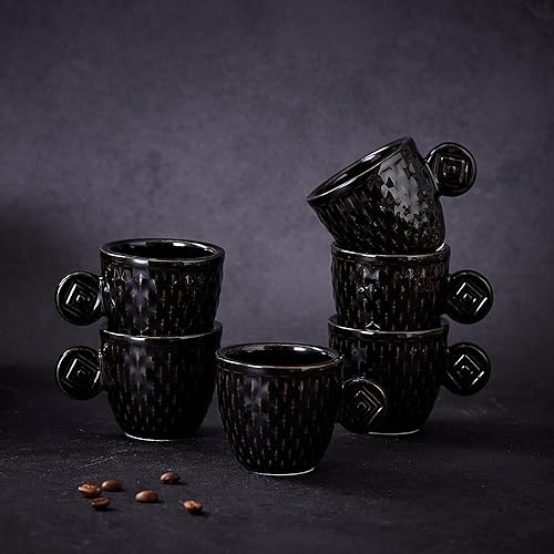 Miniatura 4 de Juego de 6 tazas vintage Demitasse de 3 onzas, tazas de café expreso pequeñas en relieve únicas (gris)