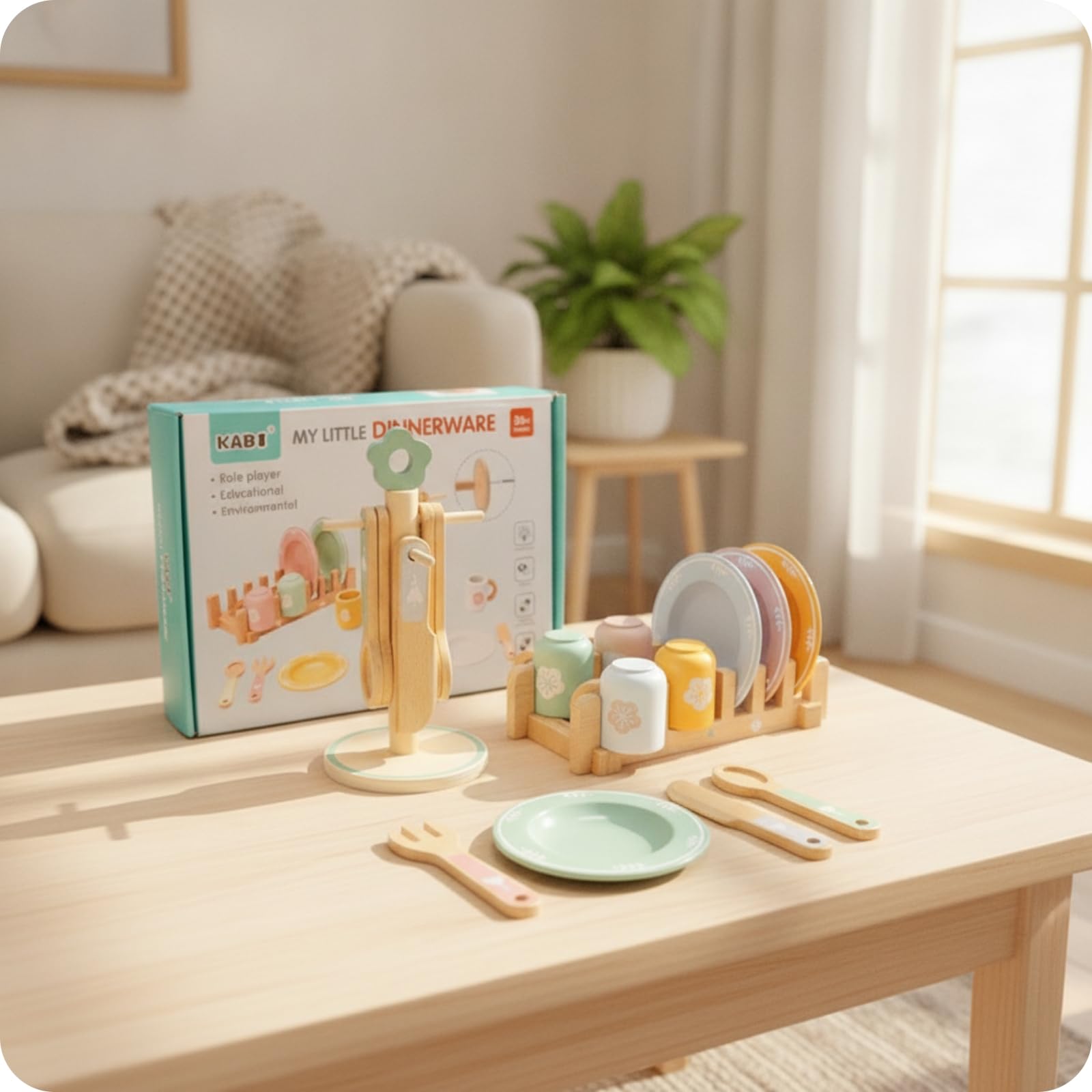 Qianly Set Cucina Giocattolo Bambini in Legno Stoviglie per Finzione con Piatti Bicchieri Posate Scolapiatti Ordinato Legno Liscio Adatto a Giochi di Ruolo Cameretta Regali