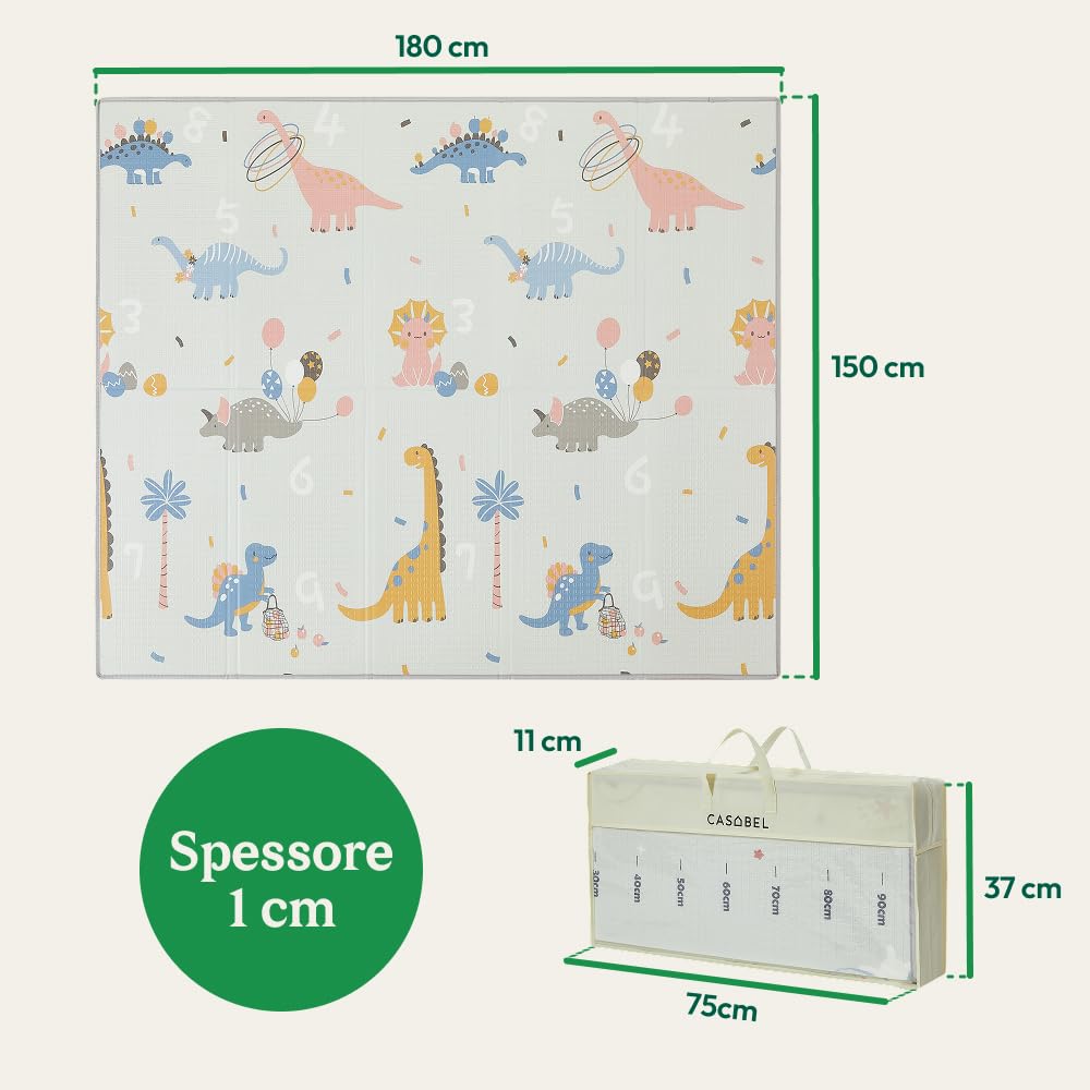 CASABEL Tappeto Gioco Evolutivo 180×150 cm, Pieghevole, Impermeabile e Spesso, Fantasia Giurassico, Grande Formato, Colorato, Facile da Riporre e Trasportare