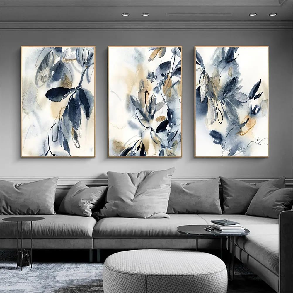 Set of 3-Blue Prints Abstract Leaves Watercolor Painting Botanical Gallery Wall Fine Art Prints Art Pictures Wall Canvas Poster Living Room Office Decor-40 * 60cm (No Frame)