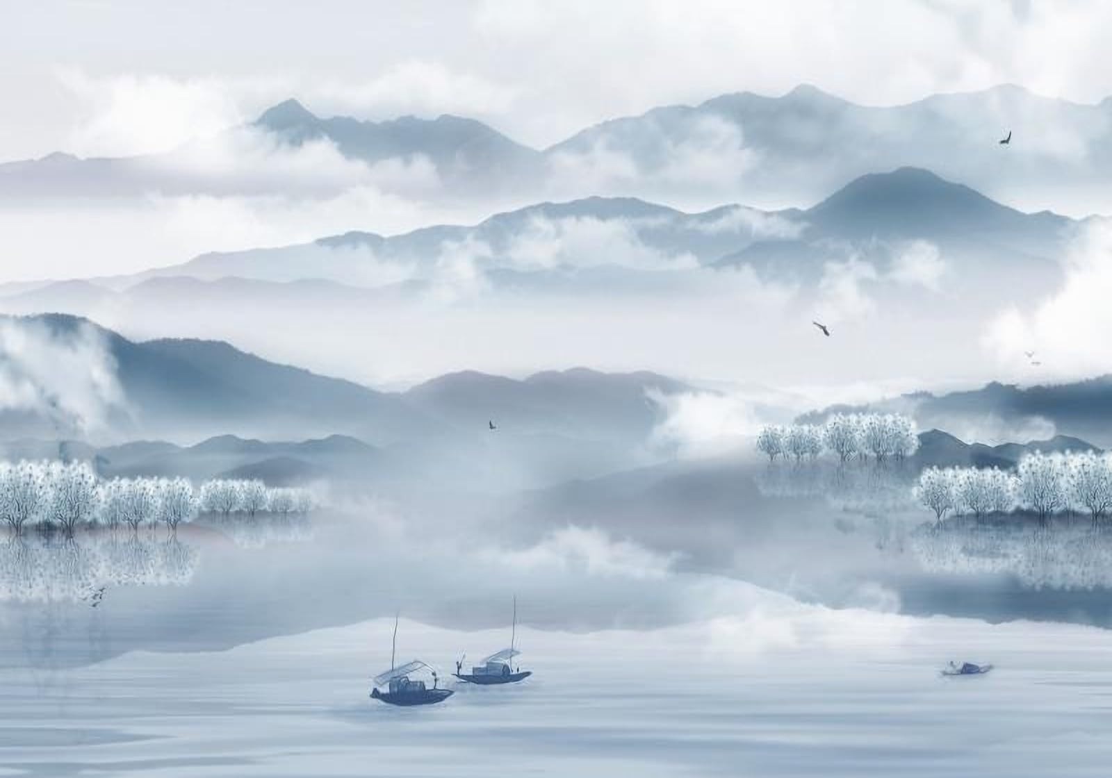 Tapisserie murale bateau de pêche rivière pour créer un salon zen et nature