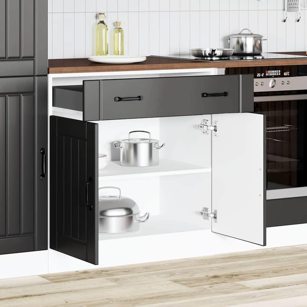 Mobile da cucina Lucca nero in legno con molto spazio di archiviazione, piedini regolabili, cassetto e ante, 80 x 46 x 81,5 cm, ideale per cucina, sala da pranzo e dispensa