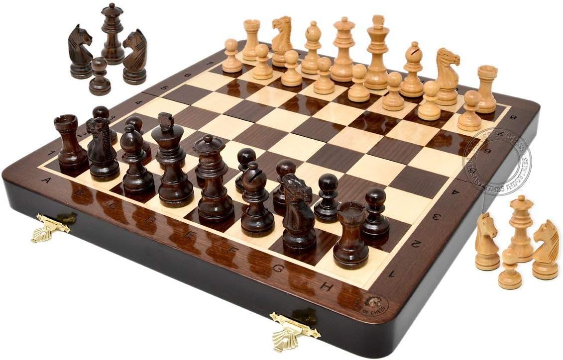 12 Inches Wooden Magnetic Folding Travel Chess Set/Board - 2 Extra Knights, 2 Extra Pawns, 2 Extra Queens & Algebraic Notation - Handmade - Premium Quality