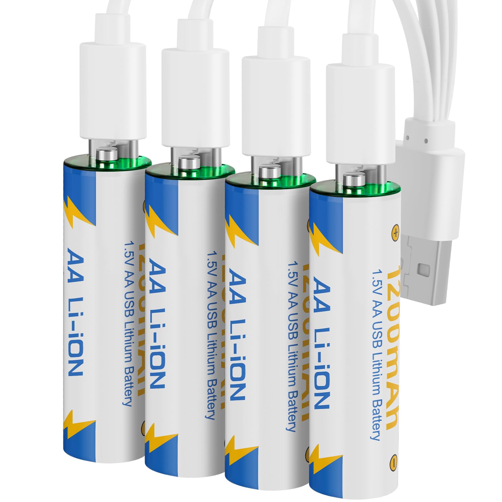 4 Pack USB Rechargeable AA Batteries with 4 in 1 Charging Cable, 1.5V Lithium Double A Size Battery 1200mAh for Blink Camera Xbox