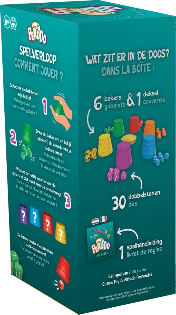 Asmodee | PERUDO (Nuova Versione) | Gioco da tavolo | per adulti e bambini | da 8 Anni | Scuotere, Parlare, Vincere | Dadi e Bluff | 2 a 6 giocatori | 30 minuti | Versione IT/NL