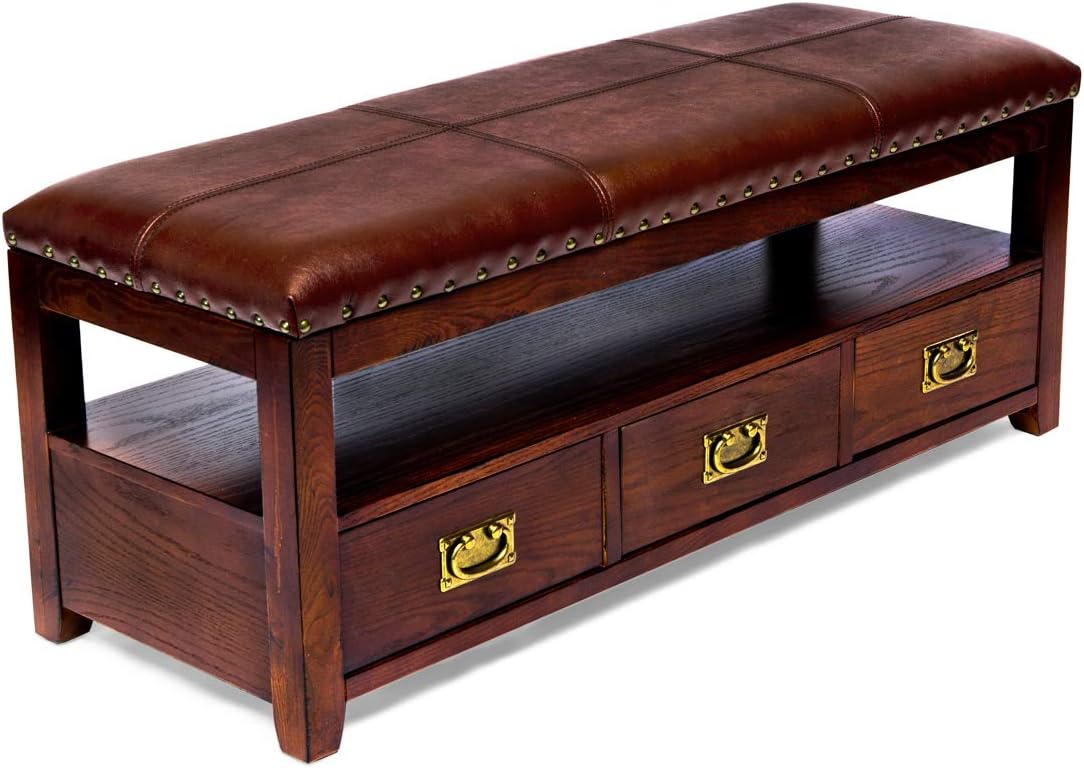 All Things Cedar Classic Accents HR330 Entryway Storage Bench | Cherry Wood Bench | Birch Veneer, Solid Wood Legs, Interior Drawer & Shelf Storage | Elegant Wooden Entry Bench | 46x16.5x18