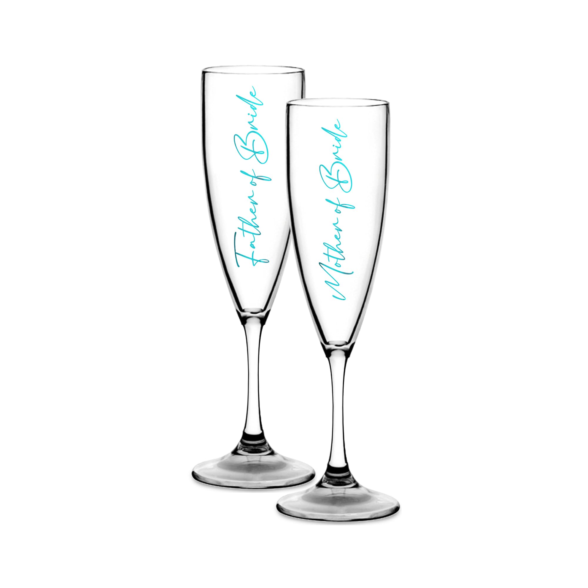 Print Maniacs Champagne Premium Clear Flute Glass Bride Groom Mr Mrs Wedding Maid Honour Wine Cocktail Prosecco Celebrations Gift (Teal, Mother + Father Bride Set)