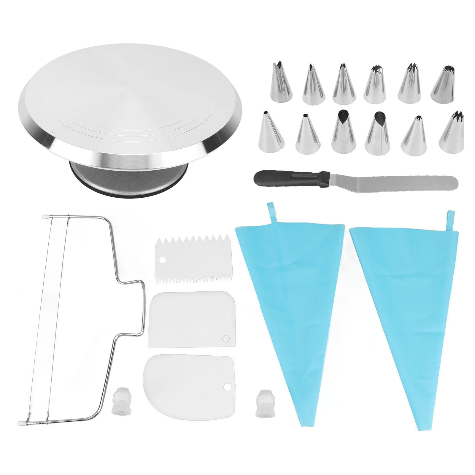 AMONIDA Kit de Decoración de Pasteles de 22 Piezas con Plato Giratorio de Aleación de Aluminio de 12 Pulgadas Ideal para Panaderos Profesionales y Domésticos Incluye Herramientas Esenciales para
