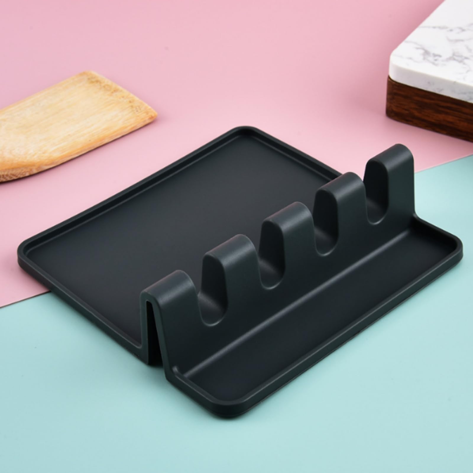 Vastsea Soporte para Cucharas de Cocina, Cuchara para Estufa, Silicona Reposa Cuchara, con Almohadilla de Goteo, para Cucharas, Palillos, Pinzas, Tenedor (Negro)