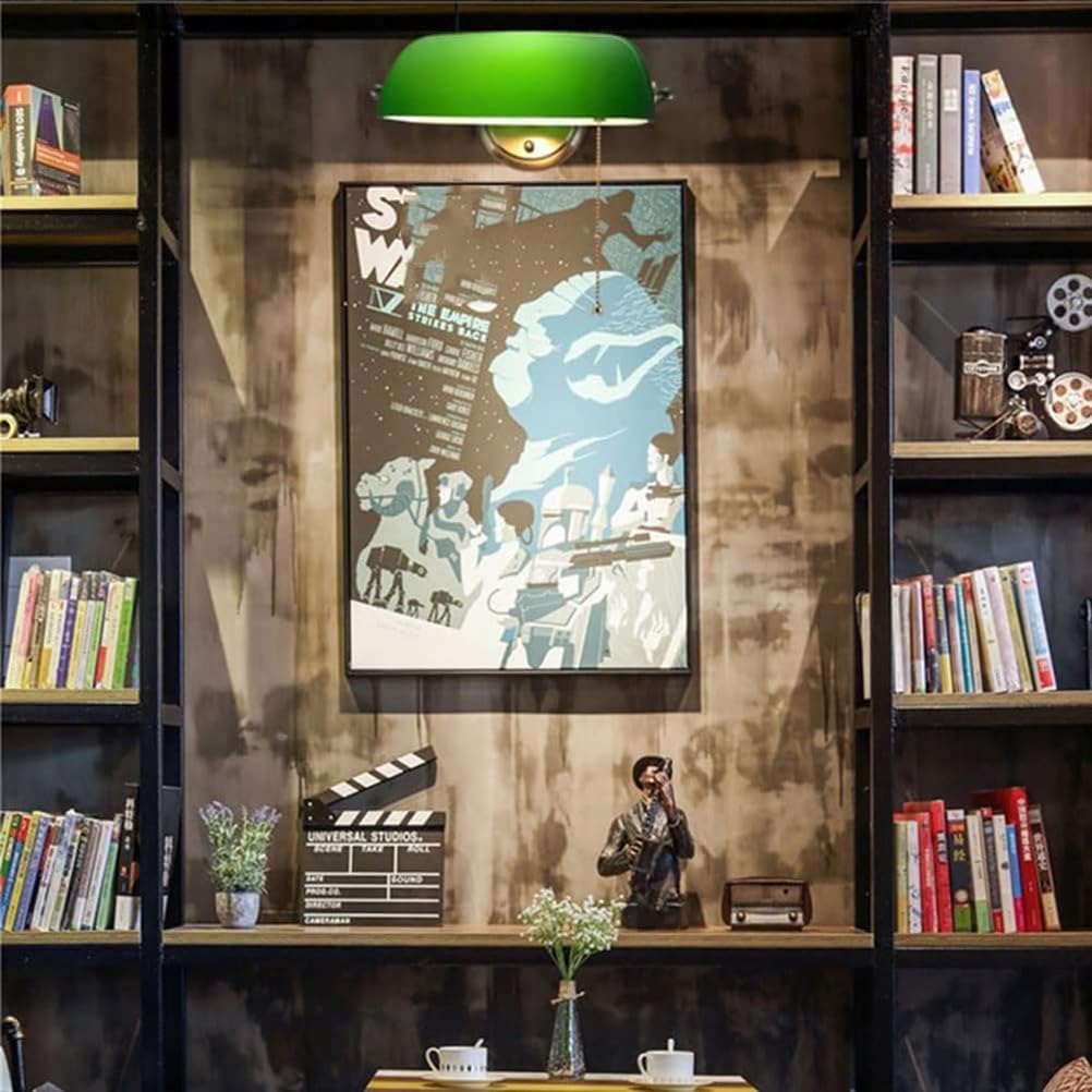 Zielona kinkiet bankier z przełącznikiem, klasyczna lampa bankierska, styl retro, tradycyjny, zielony, regulowany szklany klosz, lampka nocna do sypialni, korytarza, biblioteki