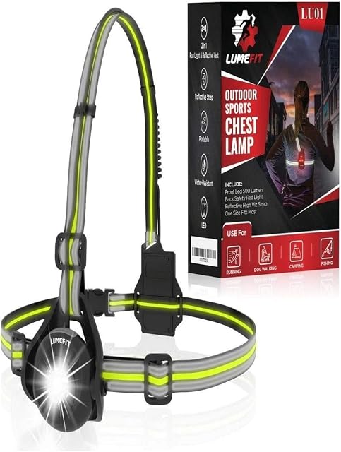 LUMEFIT Run Light, Running Light for Runners Chest LED Lamp - 90° Adjustable Beam Angle, 500 Lumen 360 Degree Reflective Band, USB Rechargeable - Front Body Torch Rear Safety Warning, Jogging Hiking