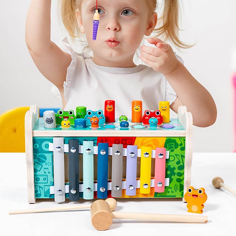 Astrowinter Wooden Montessori Toys for 1 Year Old, 6-in-1 Hammering Pounding with Xylophone & Fishing Game - Image 2