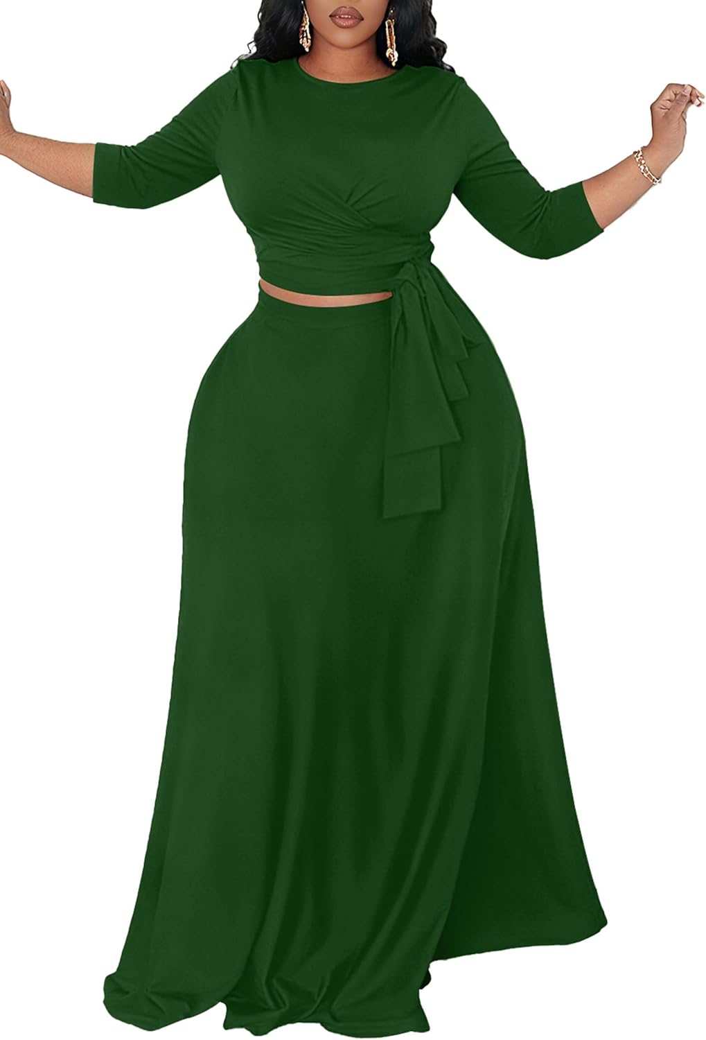 FANDEE Plus Size Women's 2 Piece Outfits Casual 3/4 Sleeve Wrap Crop Top Maxi Long Dress Flowy Matching Sets with Pocket - Image 3