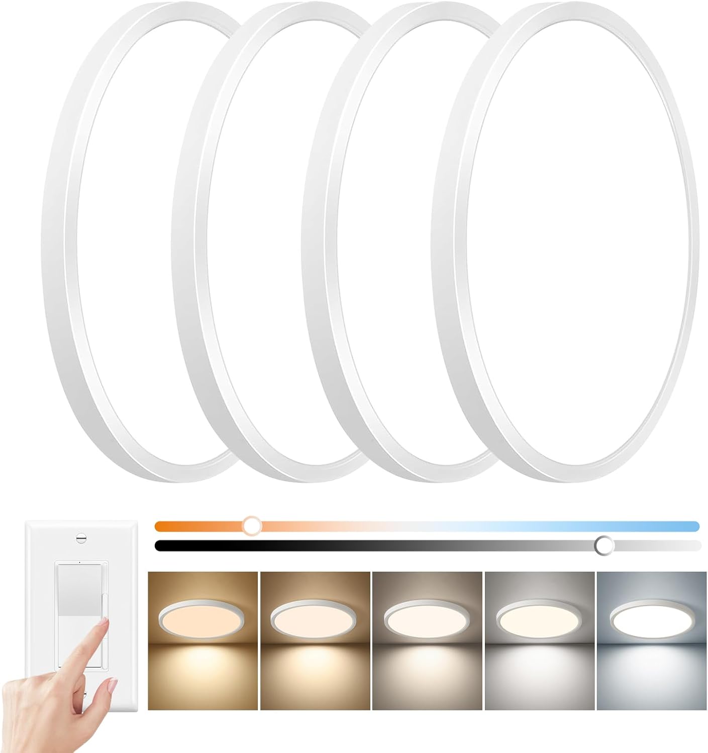 15.8inch Dimmable LED Flush Mount Ceiling Light, 32W, 3480LM, 2700K/3000K/4000K/5000K/6000K CCT Selectable,LED Round Flat Panel Light Dimmable from 5% to 100% for Bedroom,Kitchen,Hallway, White 4PK White dimmable-16inch-4PK