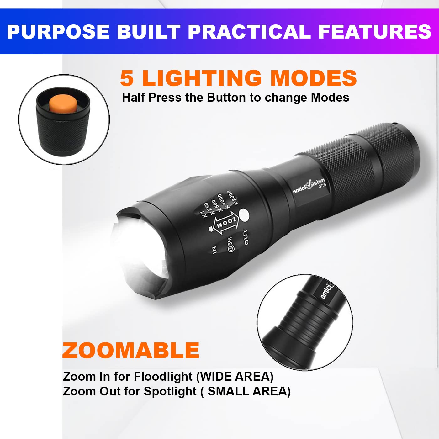 amiciVision Metal LED Torch Light, XHP50 Water Resistant Zoomable 4