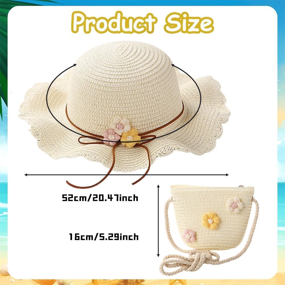 Image secondaire de Chapeau De Soleil Et Sac en Tricot De Paille 3 Pièces,Lunette De Soleil,Chapeau Paille Enfant 3-8 Ans avec Décoration Florale po