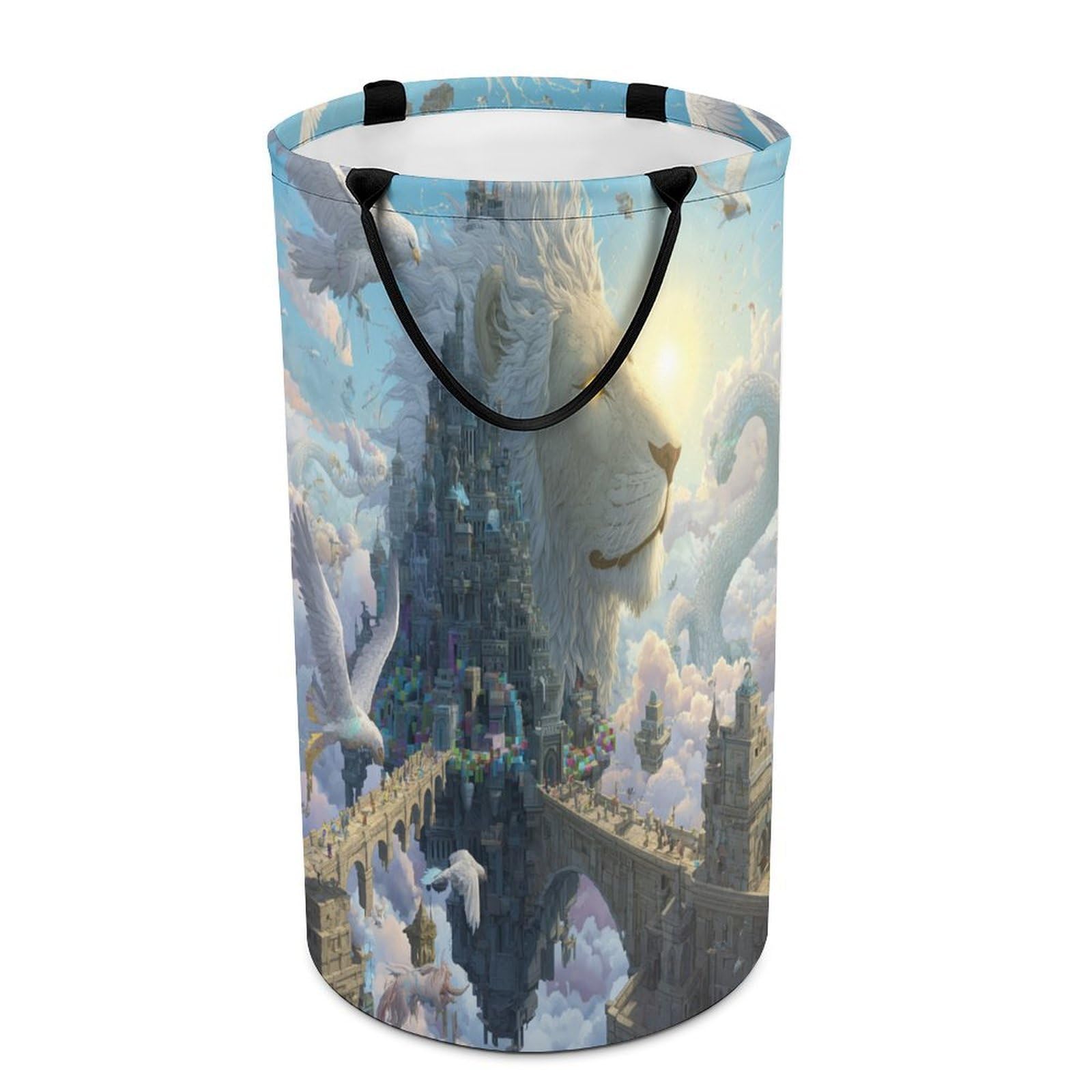 LUYYSKY Colorful Beautiful Fantasy Dragon Versatile Storage Laundry Basket, Vintage Rustic Sunrise Enchanted Castle Animal Bird Lion Large Bathroom Laundry Hamper With Handle-40 CM Dia, 69 CM High