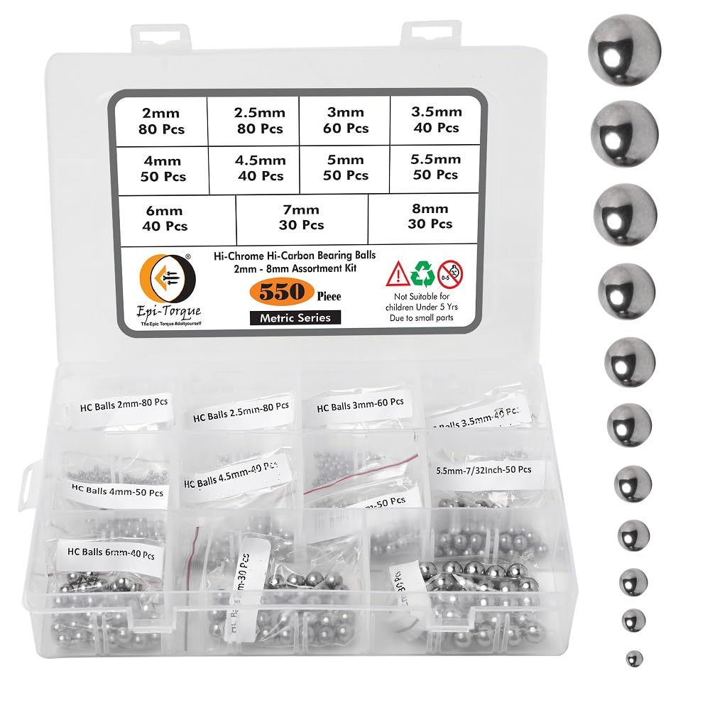 Epi-Torque 550 Pcs 11 Size 2-8MM Metric Precision Chrome Steel Assorted Loose Bicycle Bearing Ball Assortment Kit (Metric)-image-23