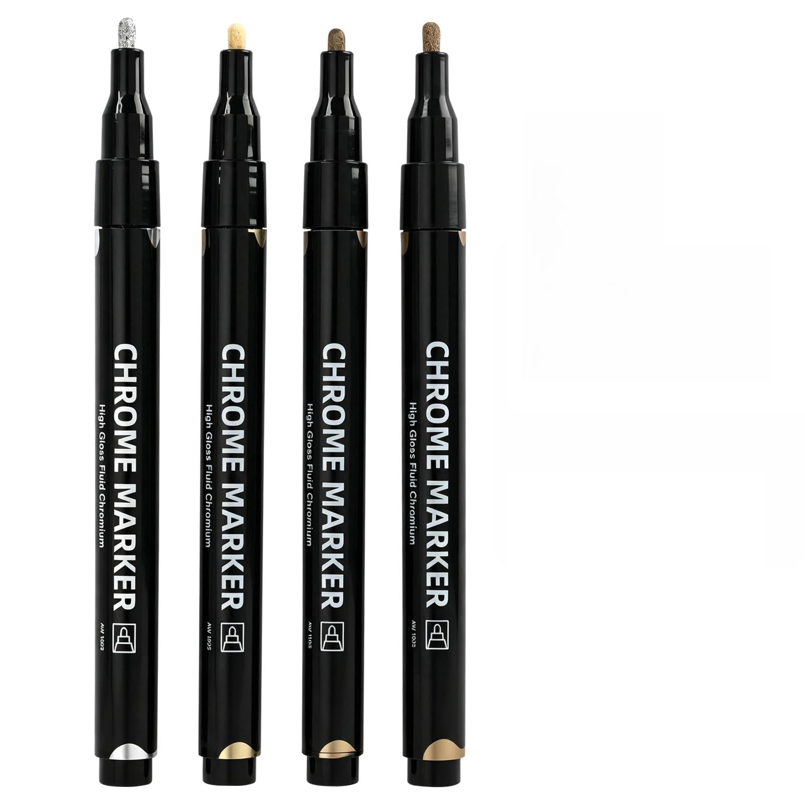 4pcs Metallic Chorme Paint Pens, Liquid Chrome Marker Set with 1 Copper-Gold, 1 Green-Gold, 1 Brass, 1 Black-Silver, Mirror Effect Metallic Markers for Model Metal Plastic Glass Diy Craft (2mm)
