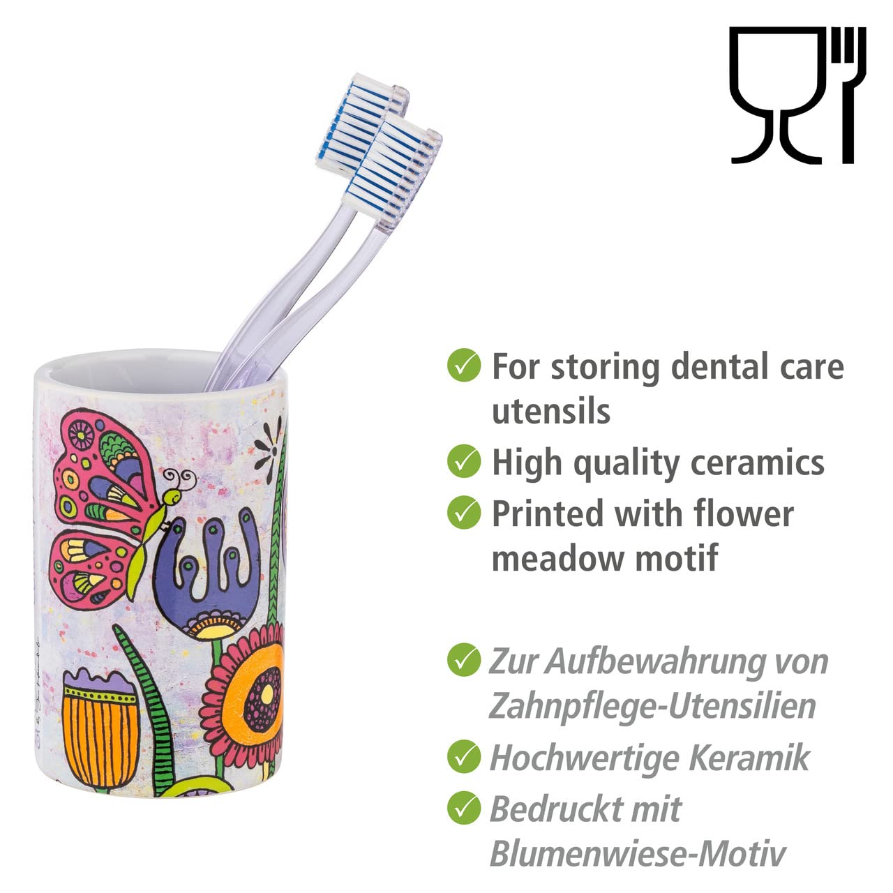 WENKO Gobelet Brosse à Dents Rollin'Art Full Bloom – Céramique Motif Prairie Fleurie Colorée, Porte-Brosse Salle De Bain 6,5 X 11 Cm, Décoration Joyeuse