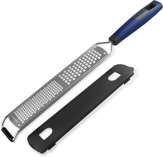 Tasty Hand Grater with Fine & Coarse Surface, Hand Cheese Grater & Lemon Zester with Non-Slip Base & Stainless Steel Grating Surfaces, Dimensions: 38.5x5x2.5cm, Colours: Dark Blue, Grey, Silver
