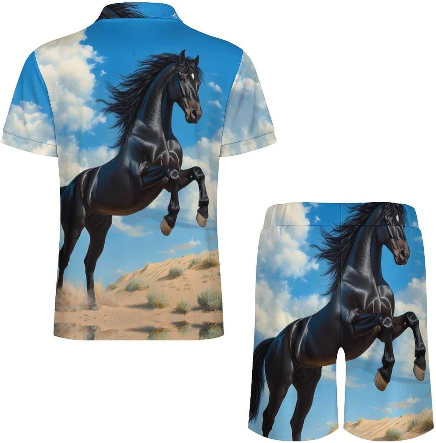 Wild Black Stallion Horse Mens Polo Shirts Track Suits 2 Piece Short Sleeve Sweatsuit 1/4 Zip Golf Loungewear for Sports