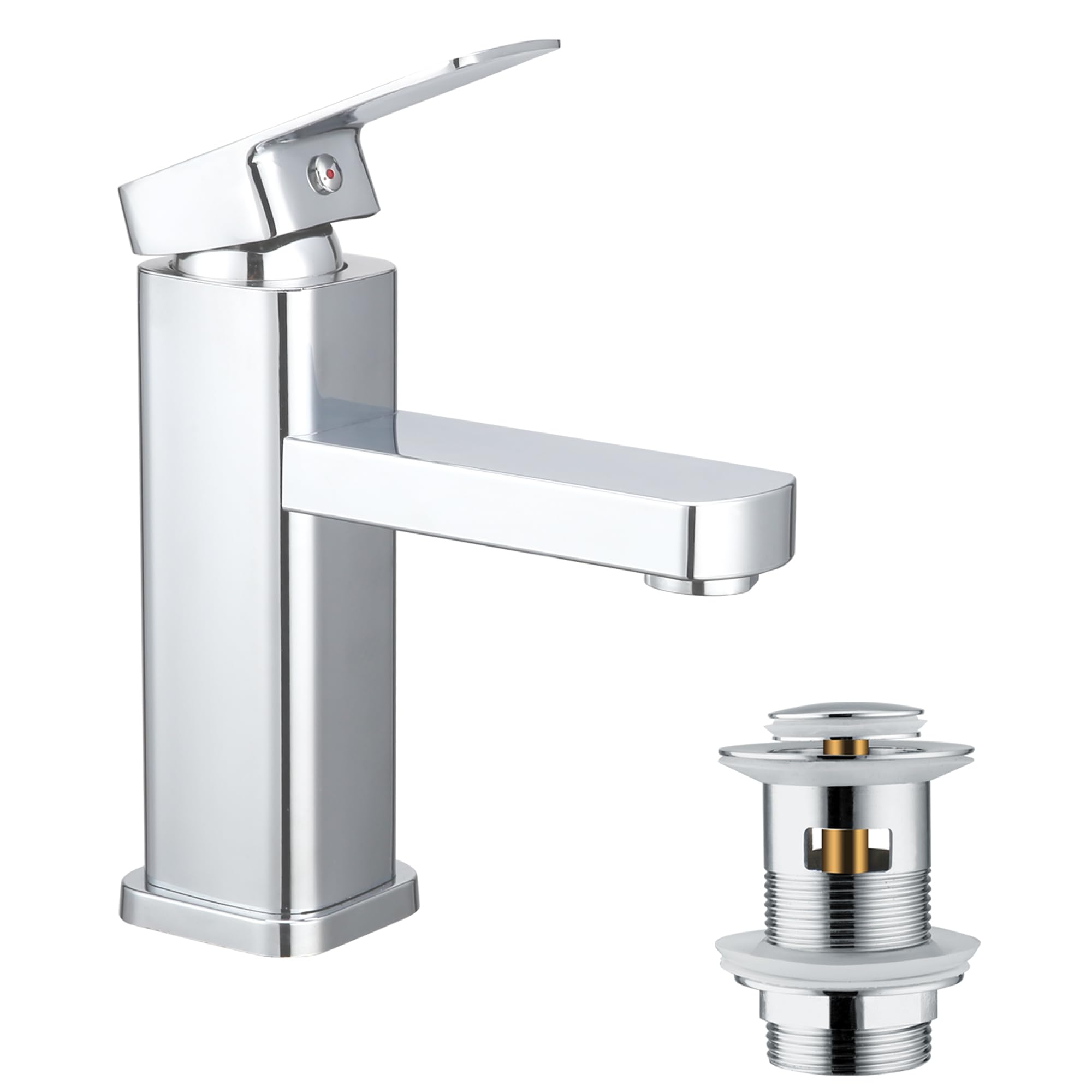 Bathroom Basin Mixer Taps with Slotted Pop Up Waste Washroom Hot and Cold Basin Tap Single Lever Chrome Bathroom Sink Faucet with 80CM BSP1/2 Hoses