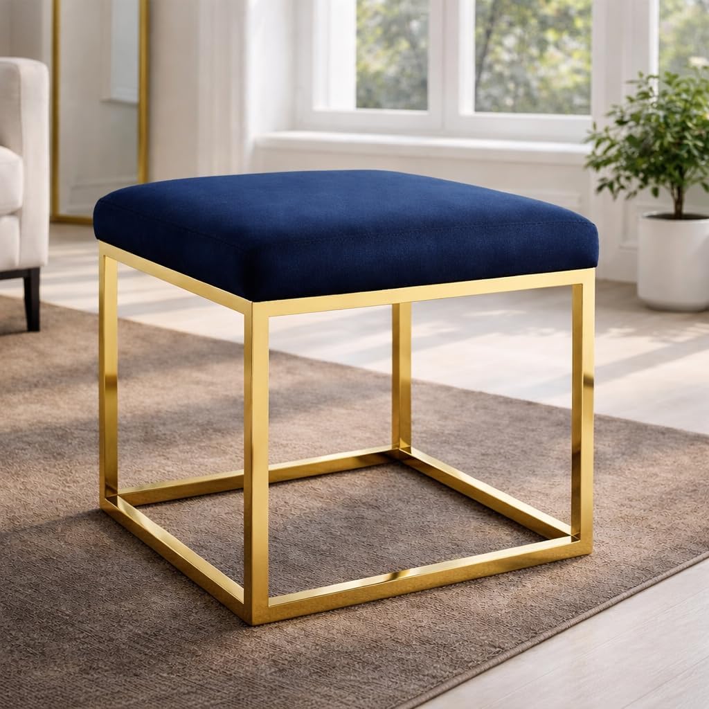 PREDELLA Modern Blue Velvet Ottoman Stool with Gold Metal Frame, Square Footrest Bench, Contemporary Style, 45x45x45 cm-picture-27