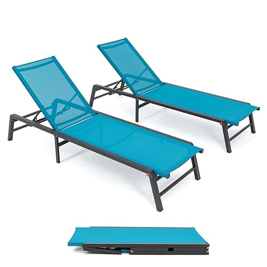 U ULAND Outdoor Chaise Lounge Set of 2, Assemble-Free Aluminum Poolside Lounge Chairs for Outside Sunbathing, Backyard Lay Flat Outdoor Sun Loungers Patio Lounge Chairs for Tanning