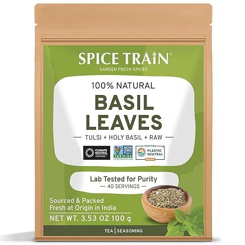 SPICE TRAIN - Hojas de albahaca secas orgánicas (hoja entera de Tulsi), 40 porciones (3.5 onzas), sin gluten ni organismos genéticamente