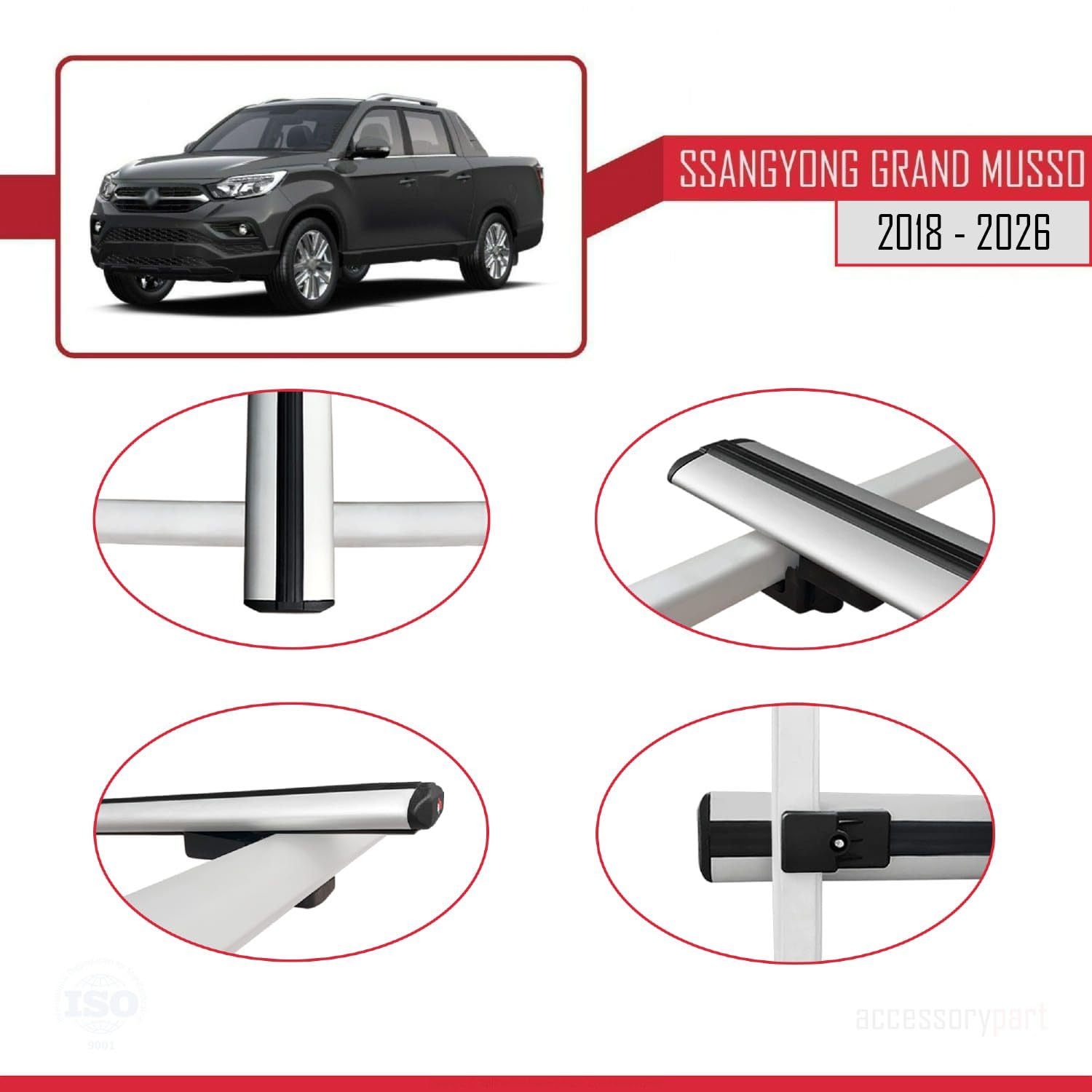Kompatybilny z Compatible with Ssangyong Grand Musso 2018-2026 BASIC Model Aluminiowy bagażnik dachowy 2 poprzeczki, szary