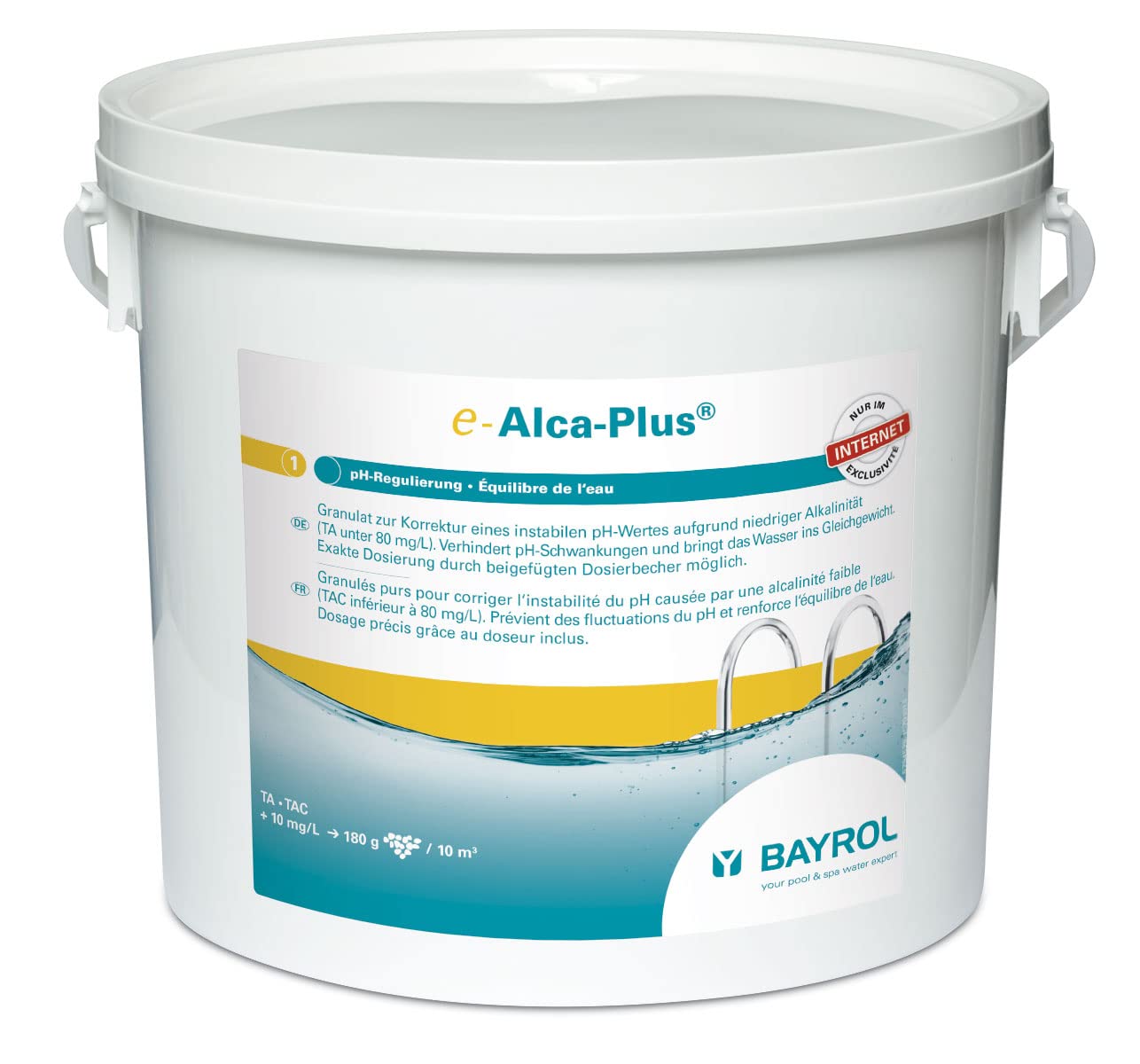 BAYROL e-Alca-Plus – granulat do skorygowania niestabilnego pH z powodu niskiej zasadowości – wiadro zawiera pojemnik dozujący i plastikowy woreczek z zamknięciem zabezpieczającym – 5 kg