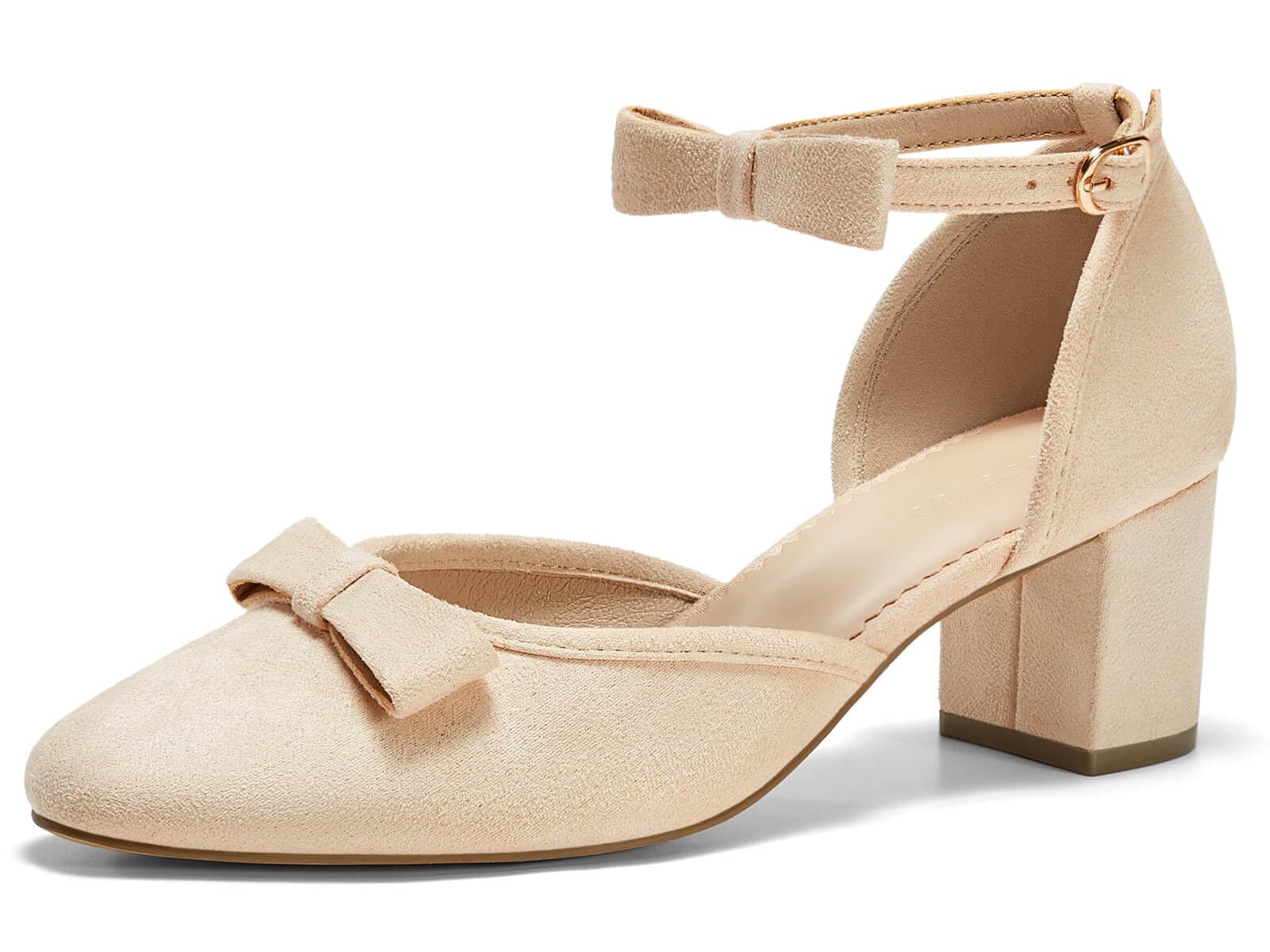 Coutgo Womens Chunky Low Heels Bow Closed Toe Ankle Strap Pumps Elegant Wedding Party Dress Shoes