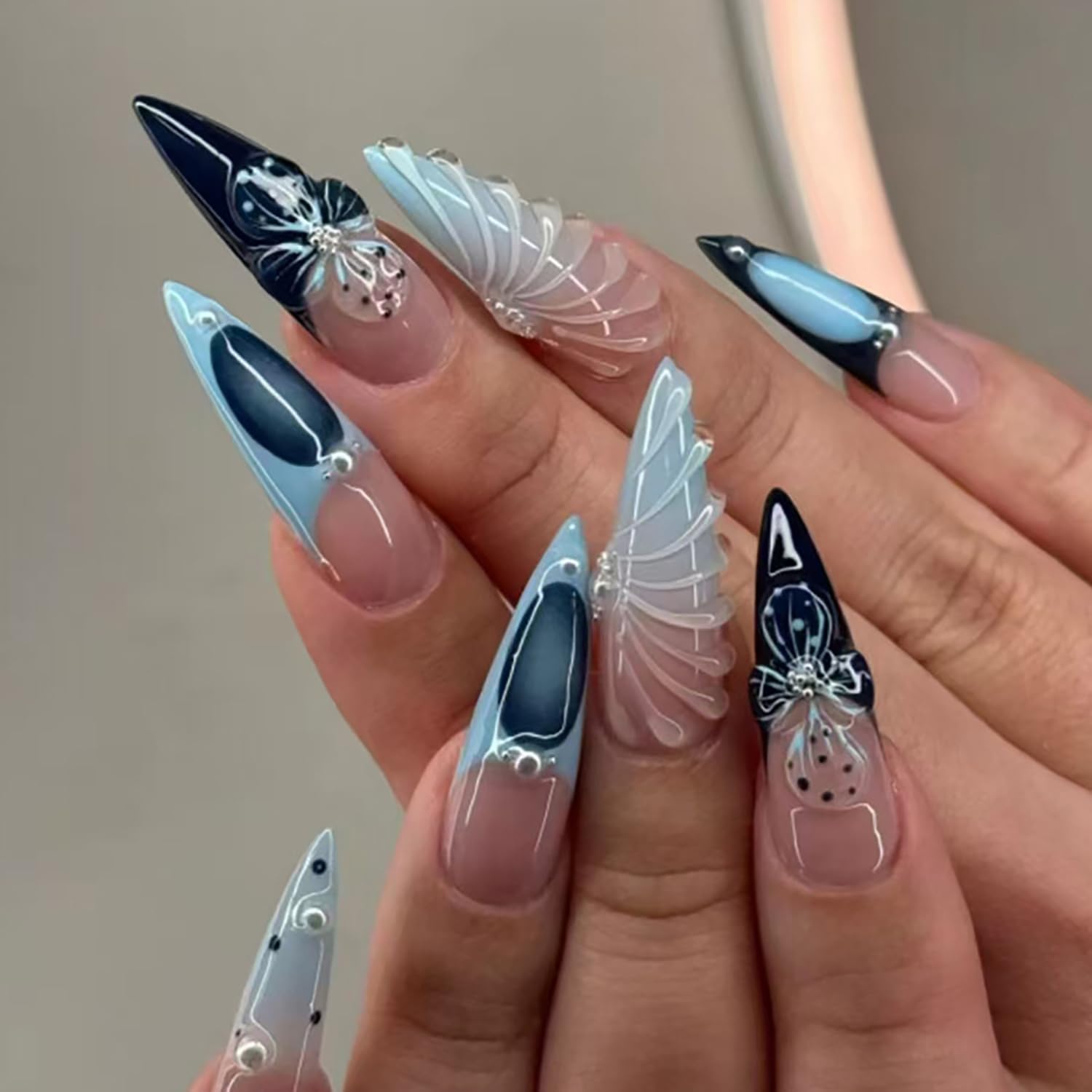 TBRZTR Summer Press on Almond Medium Pearl False Nails With 3D Flower Design, Blue French Acrylic Full Cover Coffin Nails, Reusable Stick on for Women