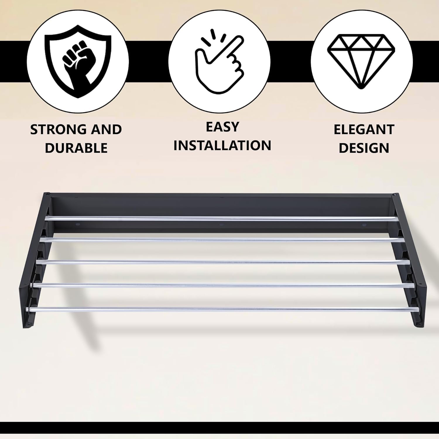 Vonia Étendoir Mural XXL Pliable Intérieur & Extérieur – Séchoir à Linge Compact 100 x 50 cm – Gain de Place (Noir)