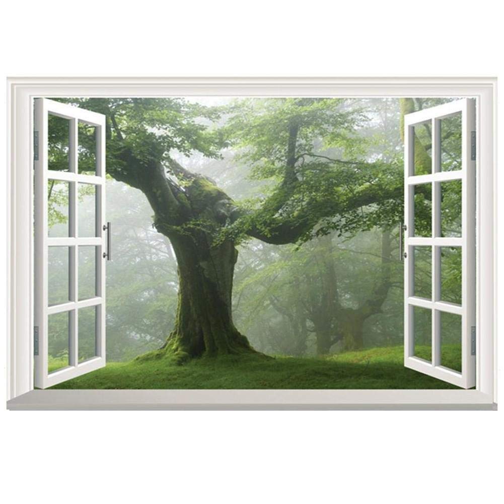 Tossper Green Wall Sticker 3D View Window Big Old Tree Mural Removable Wallpaper For Living Room Bedroom Kitchen Decor
