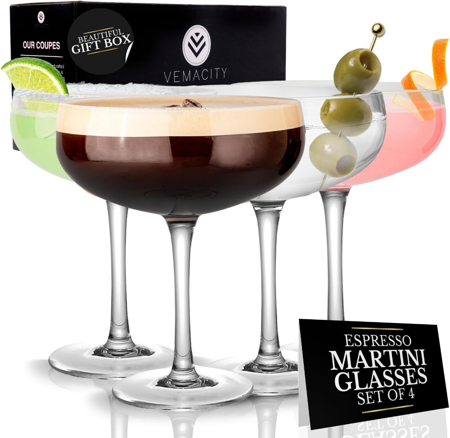 Elegant Coupe Cocktail Glasses Set of 4 | Handmade Crystal Glasses | Quality Champagne Coupe Glasses + Recipe e-Book |Large Cocktail Glass | Espresso Martini Glasses |Large Martini Glass |Coup Glasses