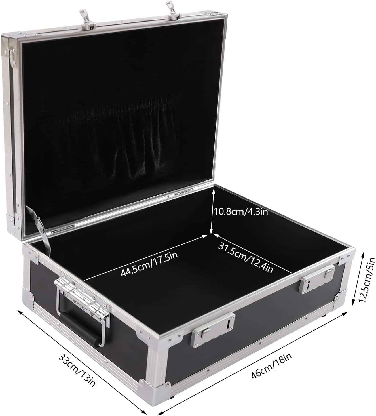 Aluminum Locking Briefcase, Lockable Storage Box Hard Case for Recision Instruments, Stage Equipment, Accessories, Locking Briefcase Toolbox Carrying Case 18 x 13 x 6 Inch, Black