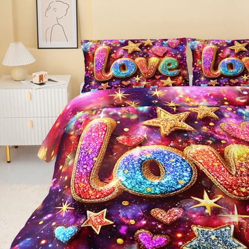 Image of QOOMO Colorful Love Kids Bedding Set,Cartoon Stars Print Comforter Set Queen Size for Boys Girls Room Decoration,Soft Lightweight Bed Set All Season,1 Comforter Set 2 Pillowcases