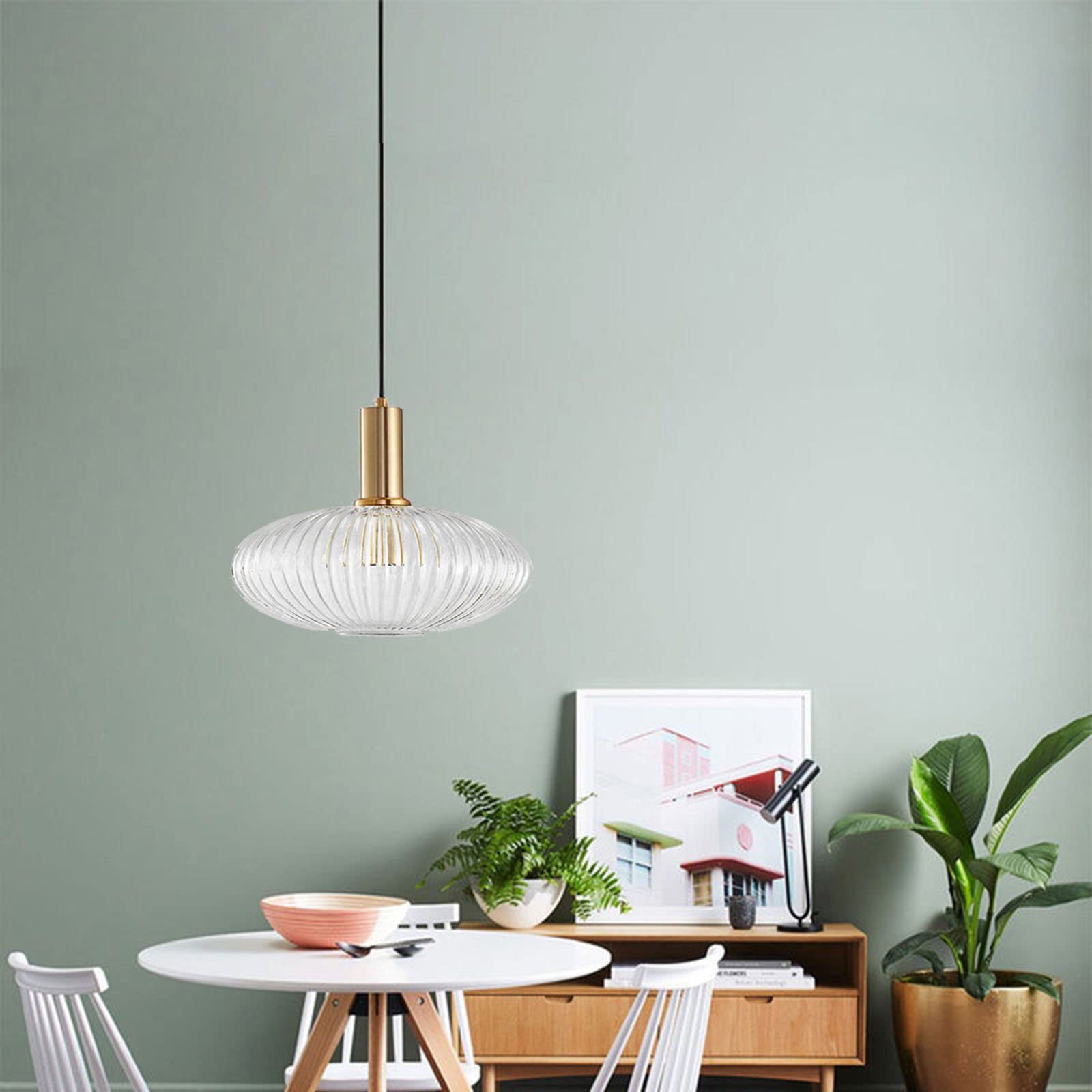 Lámpara colgante de vidrio transparente con pantalla de vidrio acanalado y acabado en bronce, lámpara colgante de techo retro moderna para mesita de noche, mesa de comedor e isla de cocina (L)