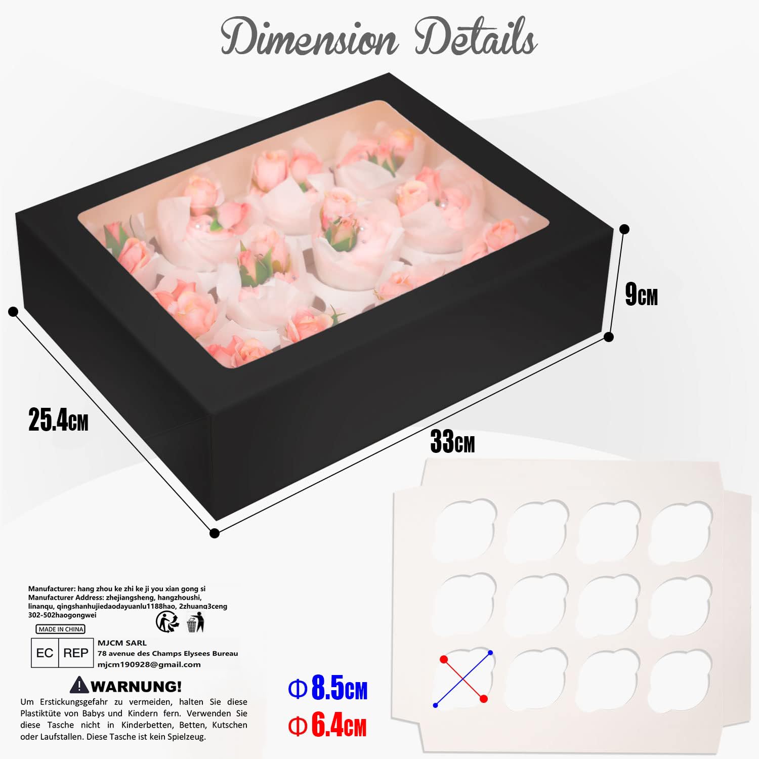 Gcardist Confezione da 12 scatole per cupcake pop-up automatiche con finestra - Nero - 33 x 25,4 x 9 cm - Scatole da forno per cupcake, scatole per cupcake (13 x 10 x 3,5 pollici)