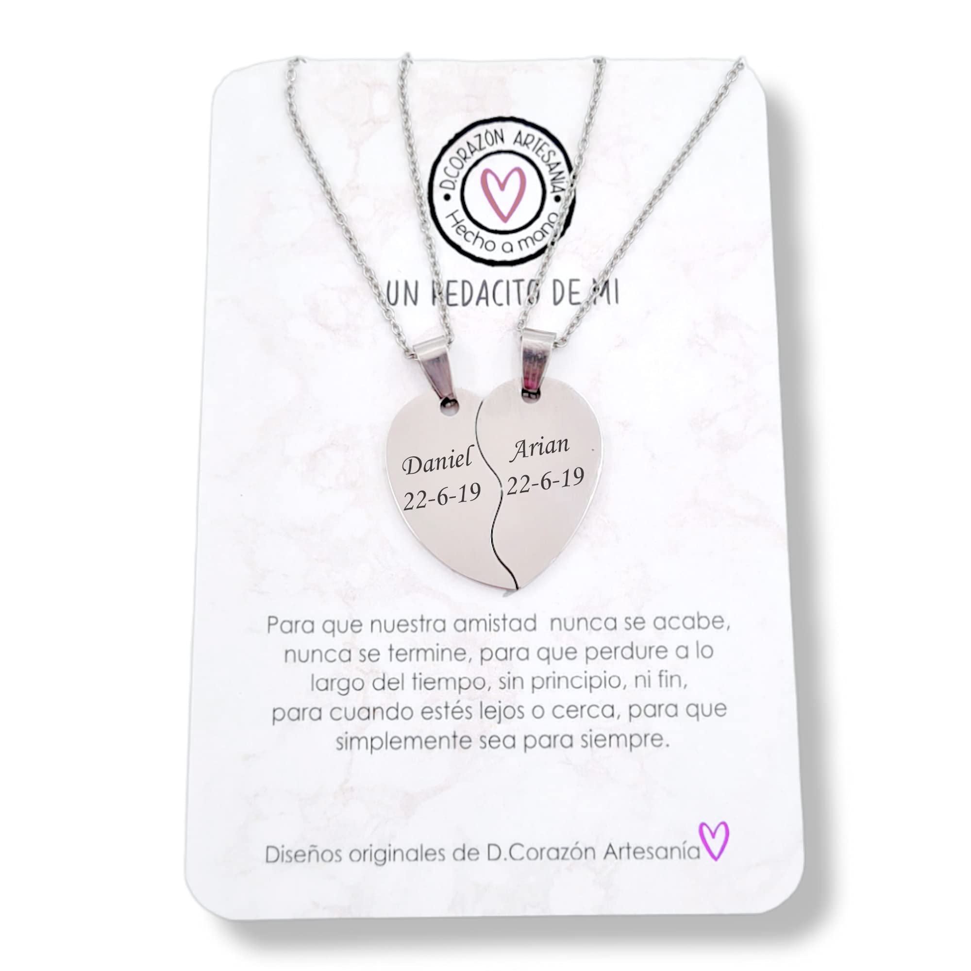 Collar corazón partido personalizado con el texto que quieras, de Acero inoxidable. Regalos San Valentín, regalos amigas, parejas.