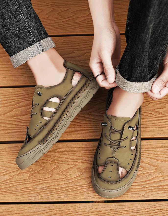 Men's Leather CutOut Elastic Platform Walking Sandals With Arch Support Casual Closed Round Toe Non Slip Thick Cushion Comfortable Slip On Outdoor Sandals For Summer Beach3