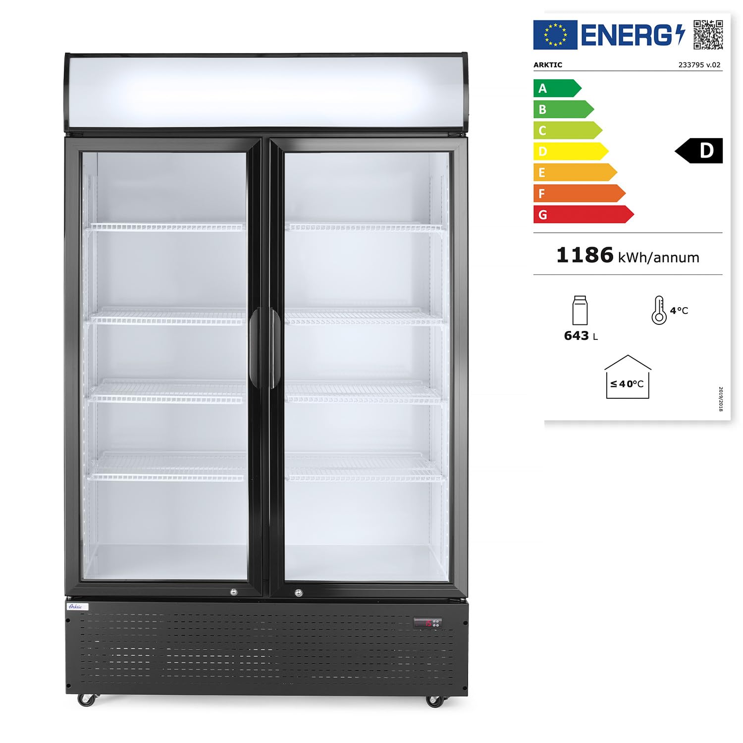 HENDI Frigorifero pubblicitario Arktic per bevande, armadio refrigerato verticale con pannello retroilluminato, 2 porte, 512L, 0–10°C, 220V, 510W, 1120x585x(H)1900mm, acciaio verniciato a polvere nero