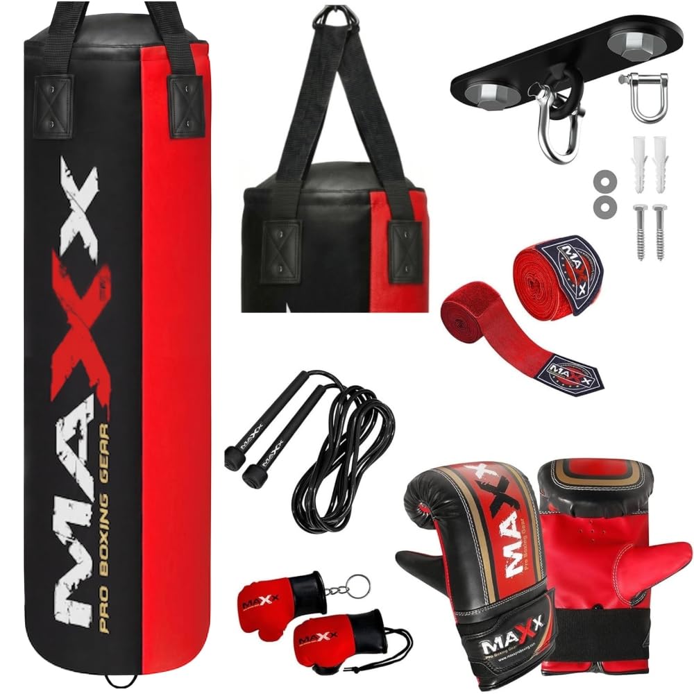 Maxx Black and Red 3ft 4ft 5ft 6ft Filled Hanging Boxing Punch Bag Set Heavy Punching bag (10pcs set with Hook, 4FT)