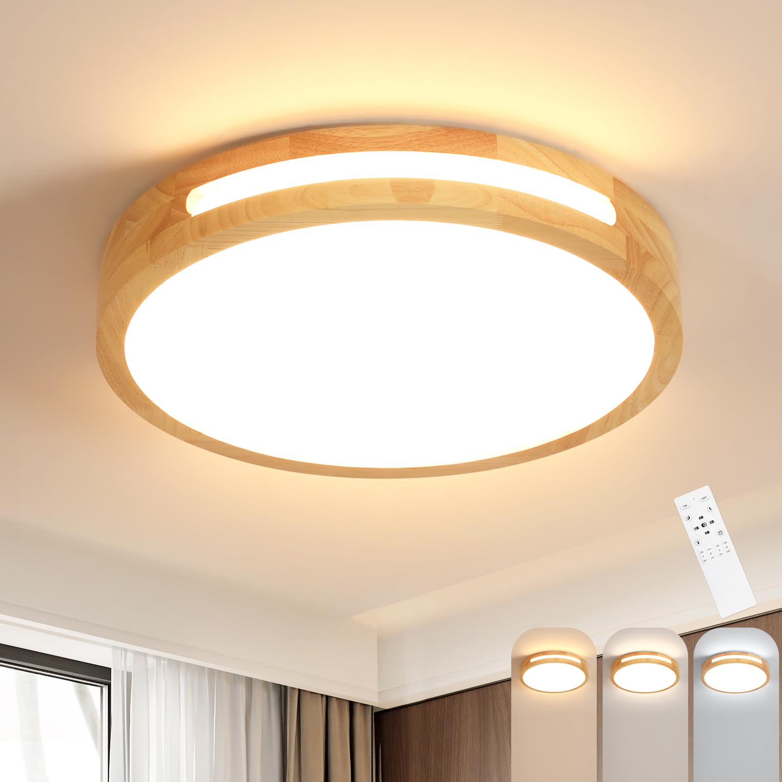 Riserva Lámpara de Techo LED Madera 64W, Regulable, 3000K-6500K, 40cm | Plafon LED Techo Redondo con Mando para Dormitorio, Salón, Cocina, Comedor, Balcón, Pasillo