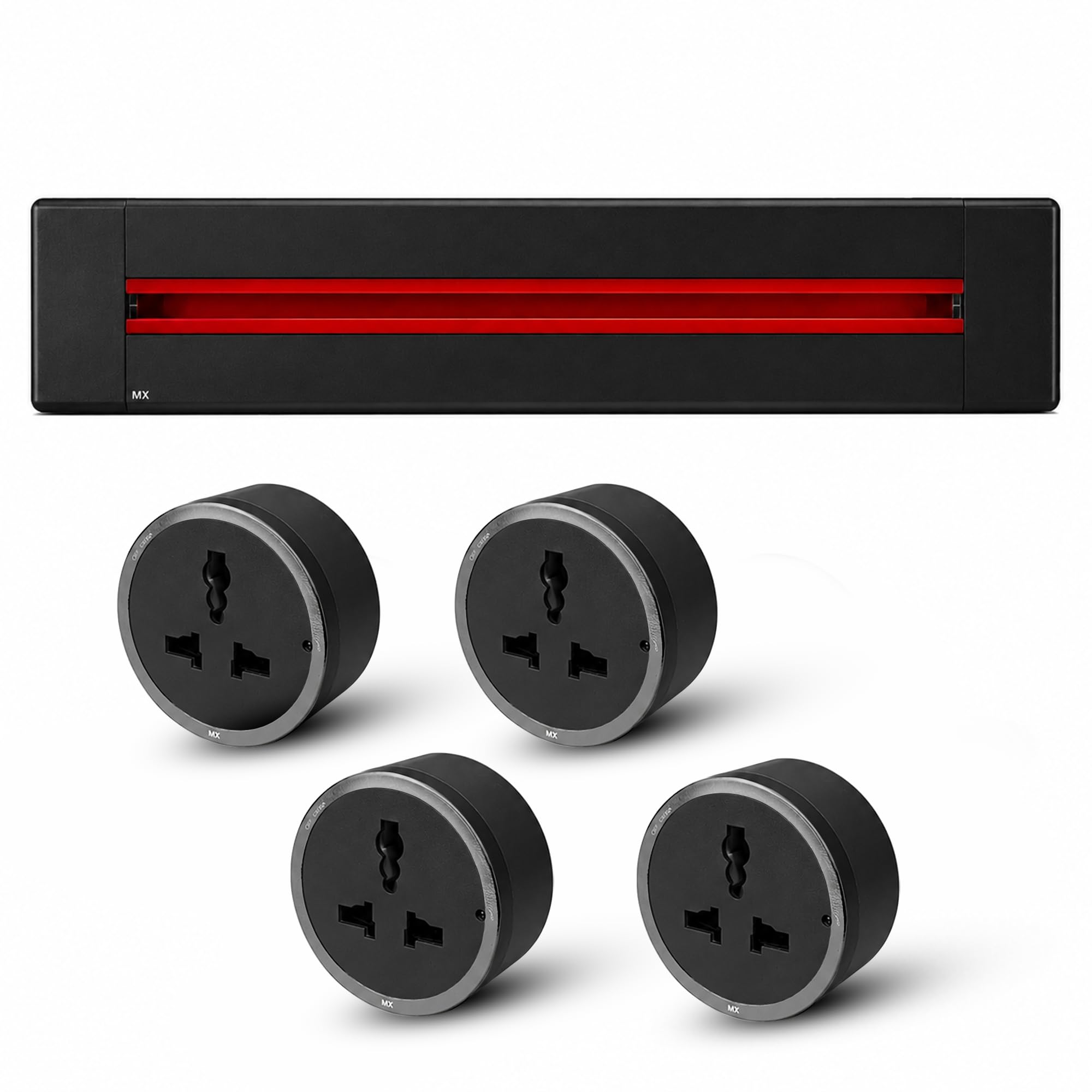 mx surface mounted power track 8000w with 4 universal adaptors, 80cm sliding socket wall mounted extension rail, modular power outlet track for home, office, kitchen countertop & workstation, black