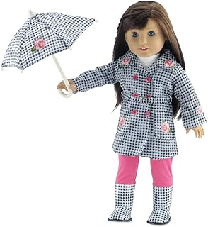 18 Inch Doll Clothes | Lovely 5-Piece Raincoat Outfit with Rose Embellishments, Including Matching Boots and Umbrella, Whi...